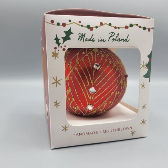 Handmade Mouthblown Christmas Ornament Made In Poland Red Gold - Picture 2 of 5